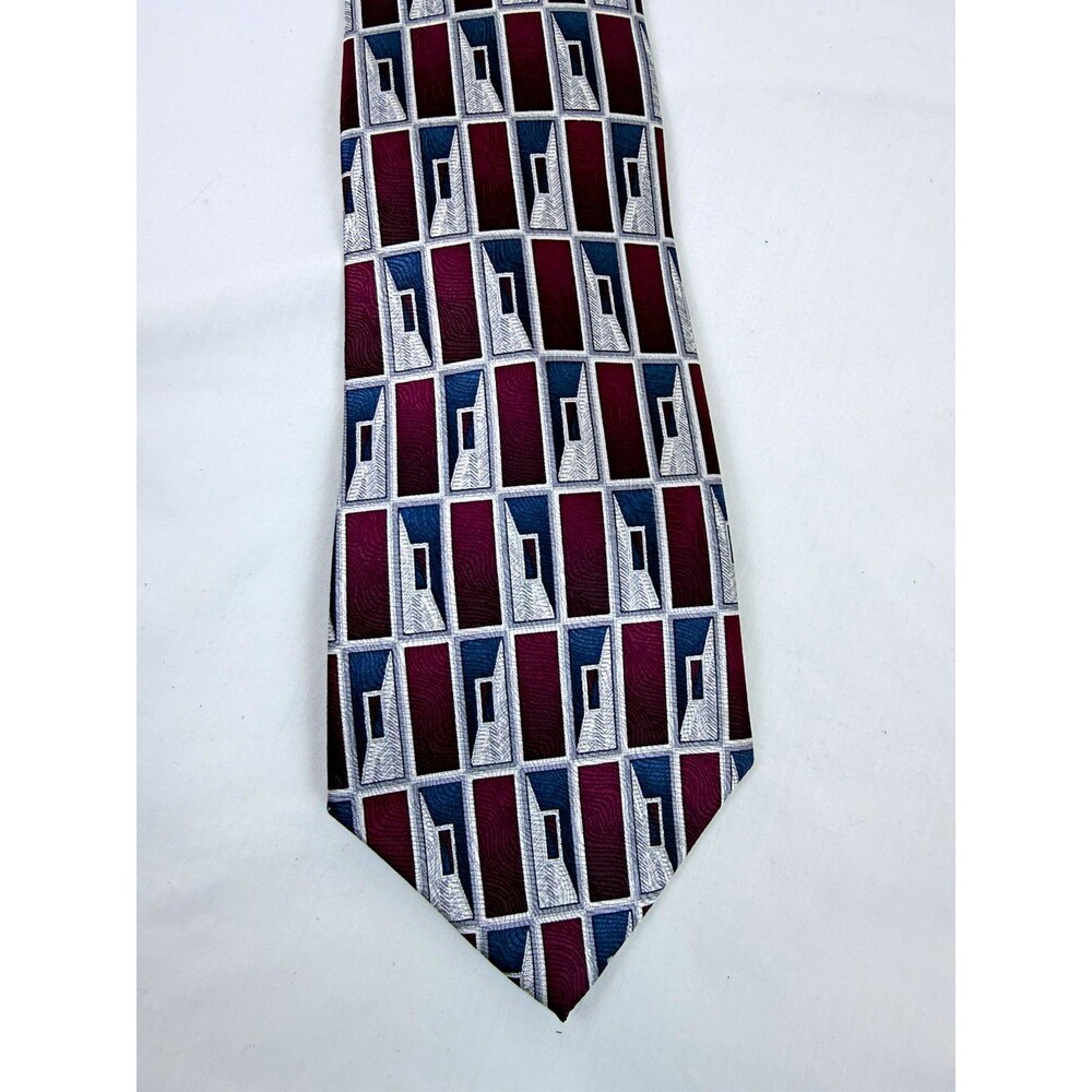 Pierre Cardin Men's Woven Silk Tie Burgundy Blue Silver Geometric Pattern